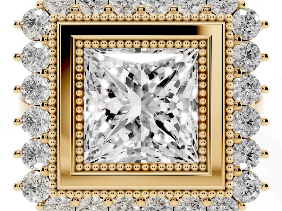 Princess Cut Halo Diamond Ring with Milgrain Edge and Round Prong Setting Yellow gold