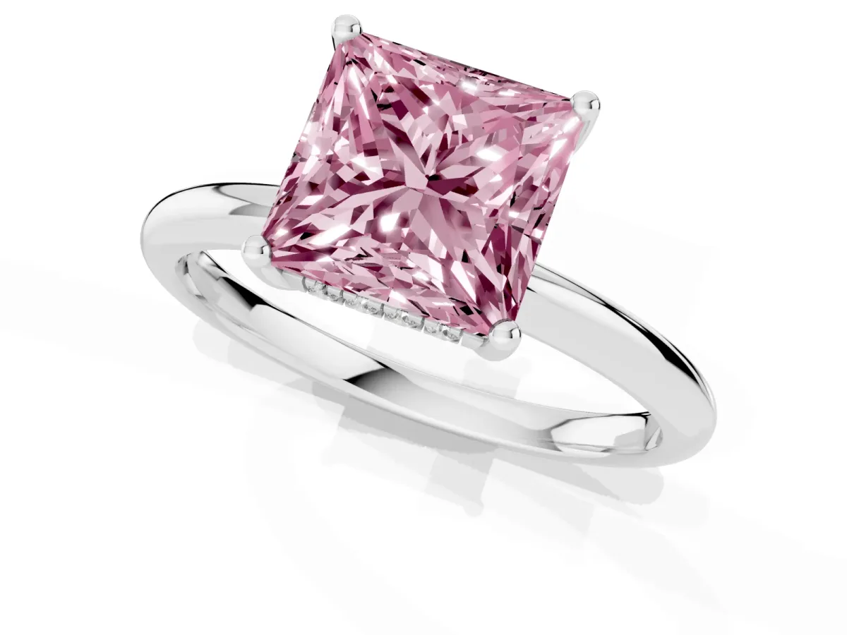 Fancy Pink Princess Cut Cut Solitaire Engagement Ring with Four-Prong Setting and Classic Band Platinum