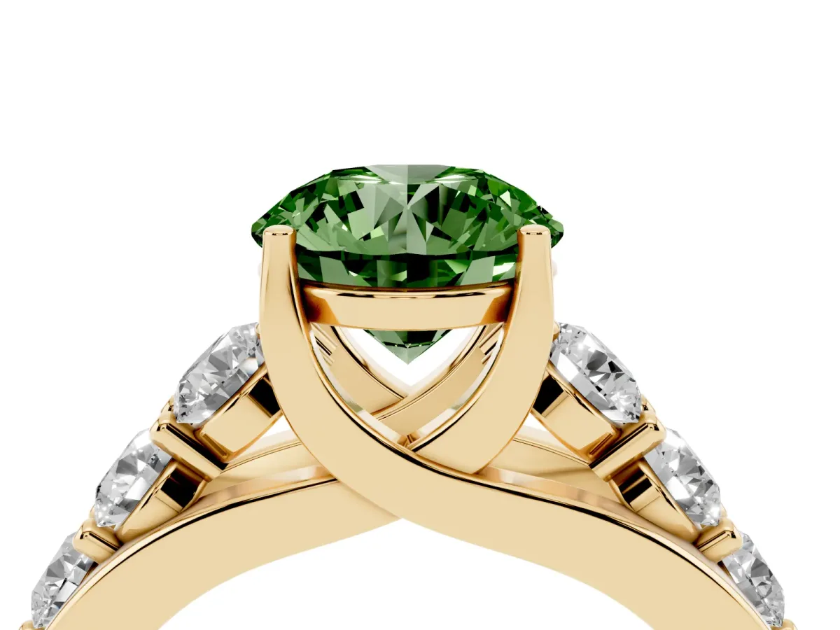 Fancy Green Round Cut Diamond Engagement Ring with Pavé Band and Four-Prong Setting Yellow gold