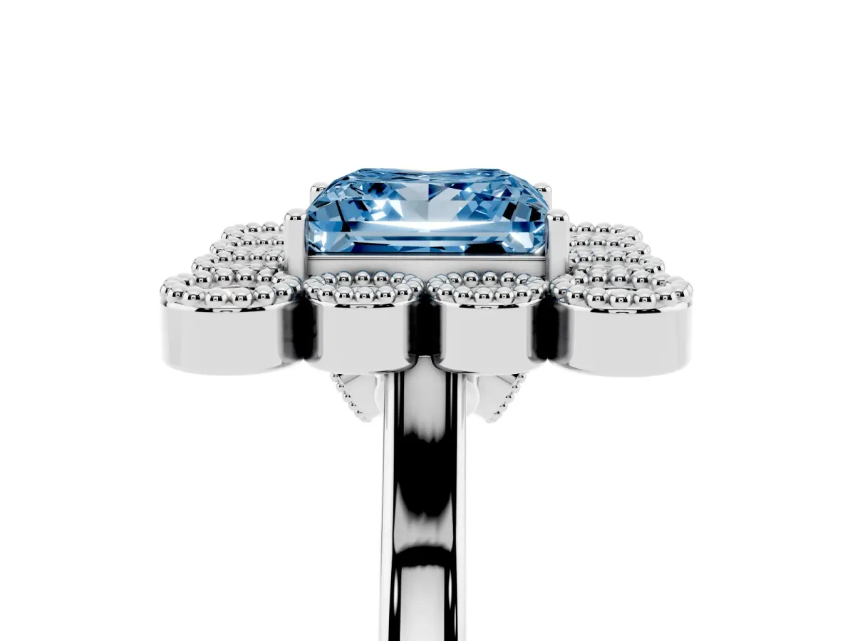 Fancy Blue Princess Cut Halo Diamond Cluster Engagement Ring with Milgrain Bezel Setting and Solitaire Band Silver