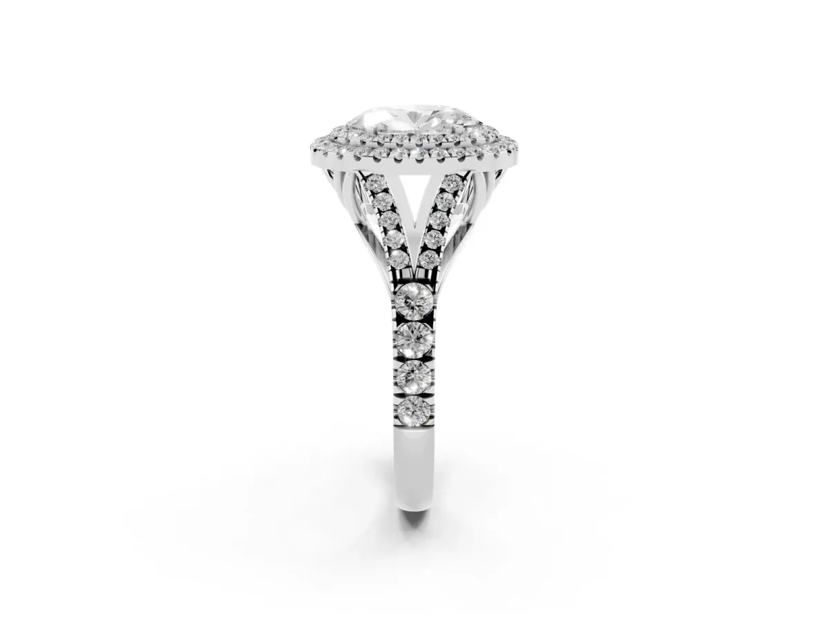 Oval Cut Diamond Pavé Split Shank Double Halo Engagement Ring Silver