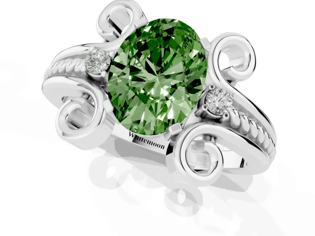 Fancy Green Oval Cut Solitaire Twisted Band Scroll Prong Ring White gold