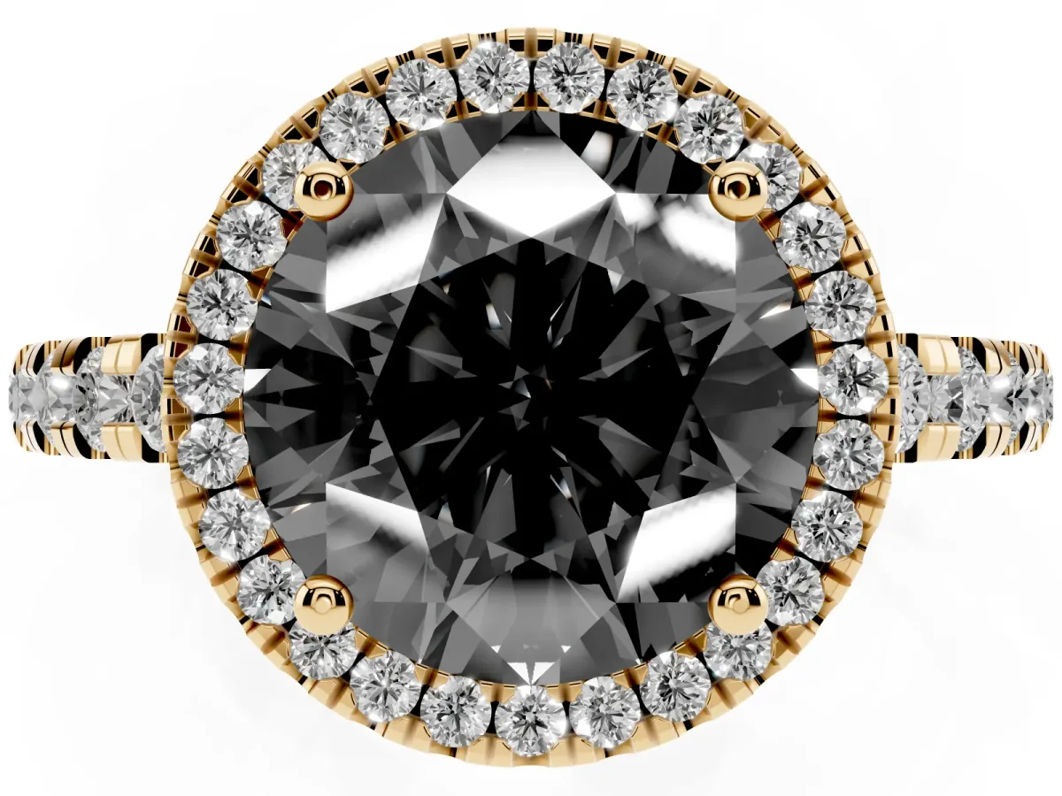 Fancy Black Round Cut Diamond Halo Ring with Pavé Band and Four-Prong Setting Yellow gold