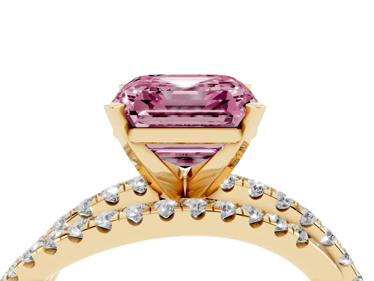 Fancy Pink Asscher Cut Solitaire Twist Band with Pavé Setting and Four-Prong Setting Yellow gold