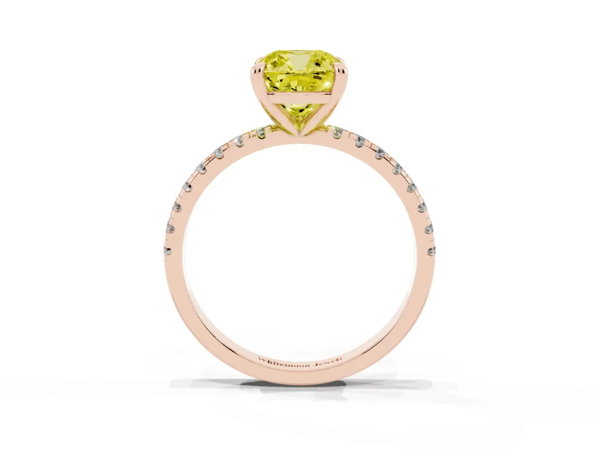 Fancy Yellow Cushion Cut Diamond Brilliant Solitaire Ring with Pavé Band and Four-Prong Setting Rose gold