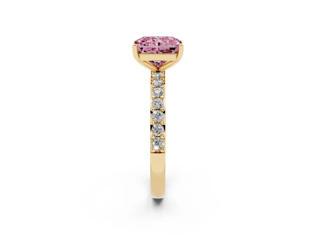 Fancy Pink Radiant Cut Cut Diamond Solitaire with Pave Band and Four-Prong Setting Yellow gold