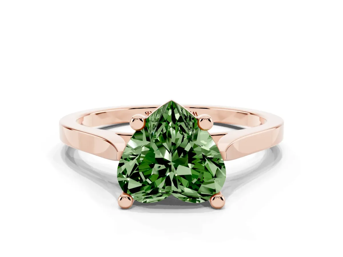 Fancy Green Heart Cut Solitaire Diamond Ring with Four-Prong Setting and Tapered Band Rose gold