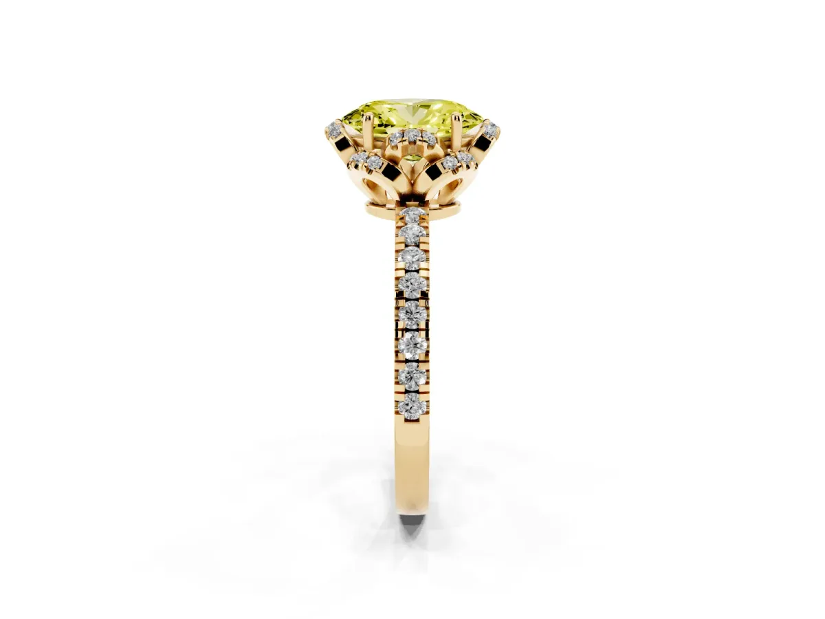 Fancy Yellow Oval Cut Halo Diamond Pave Band Ring with Four-Prong Setting Yellow gold