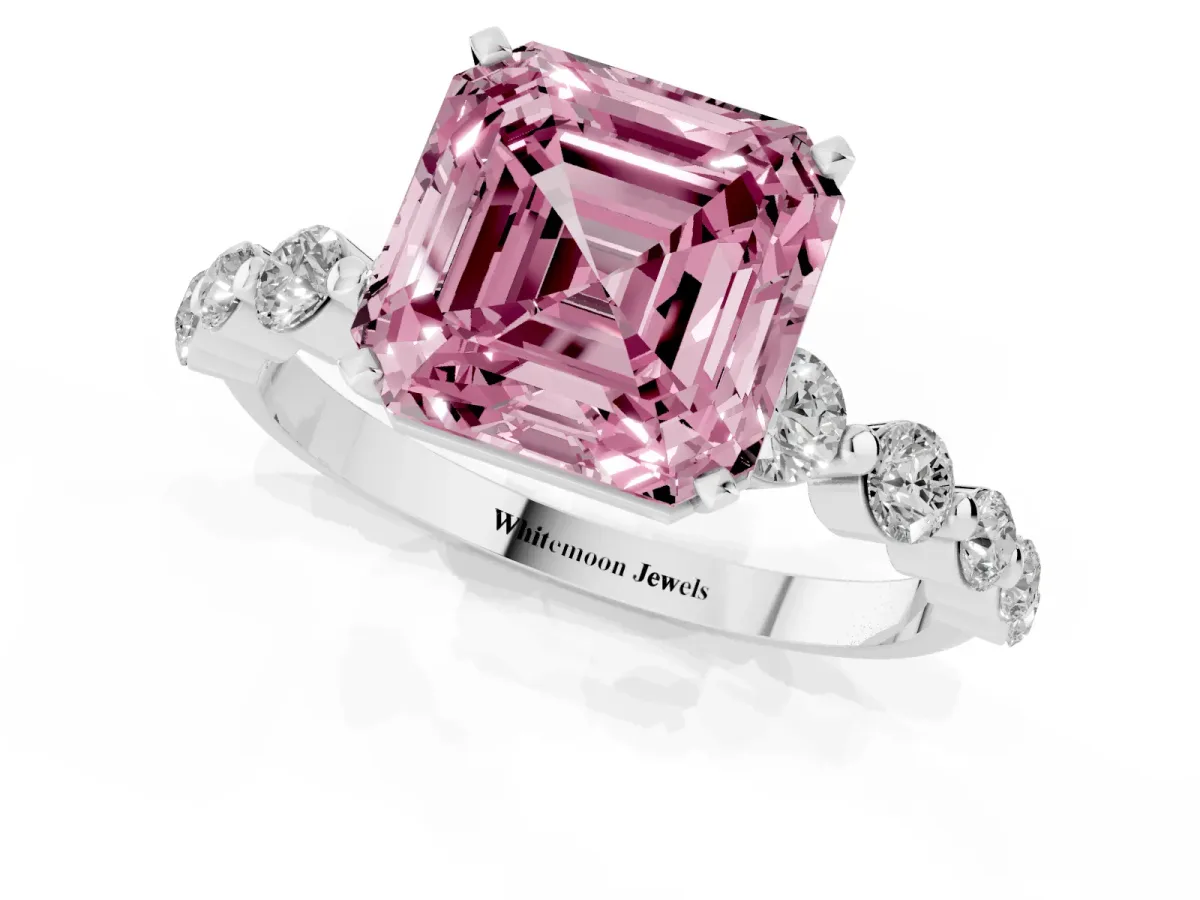 Fancy Pink Asscher Cut Solitaire Diamond Ring with Pave Band and Four-Prong Setting Silver