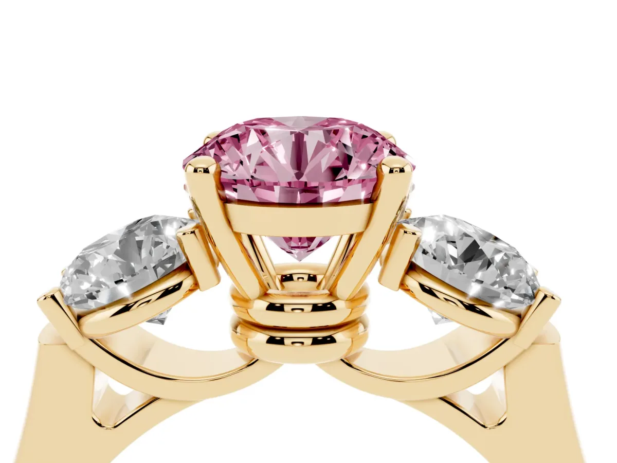 Fancy Pink Three-Stone Round Cut Brilliant Diamond Trellis Ring with Comfort Fit Band Yellow gold