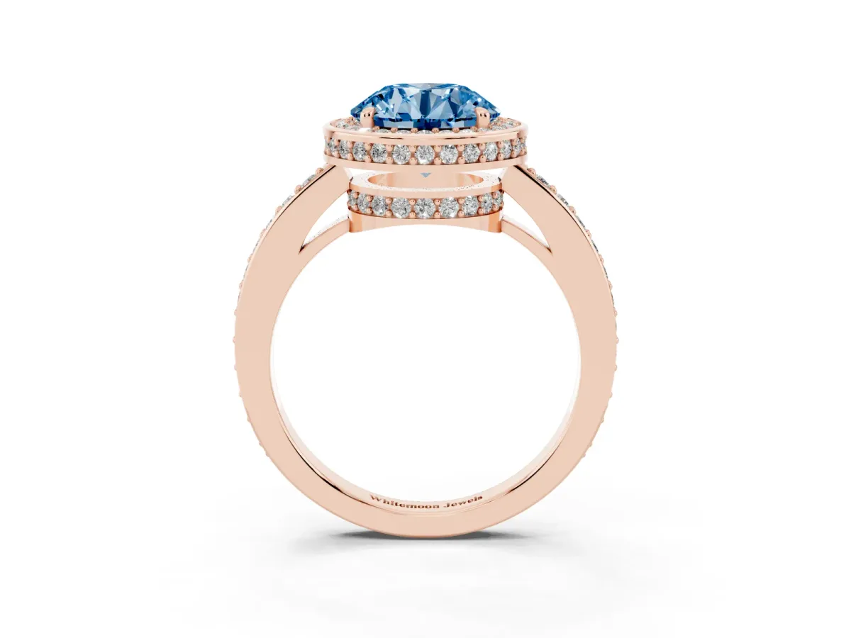 Fancy Blue Round Cut Halo Pave Band Solitaire Ring with Prong Setting Rose gold