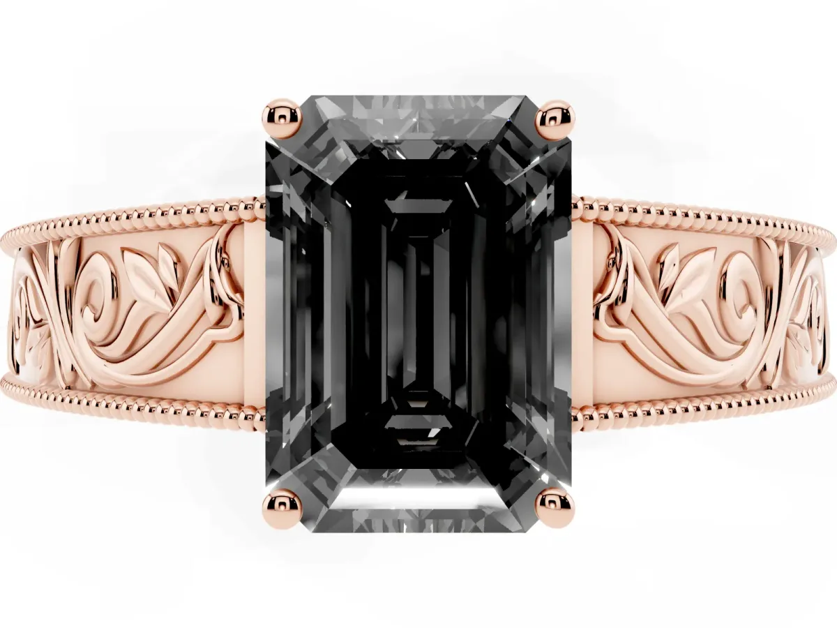 Fancy Black Emerald Cut Diamond Solitaire Ring with Engraved Band and Four-Prong Setting Rose gold