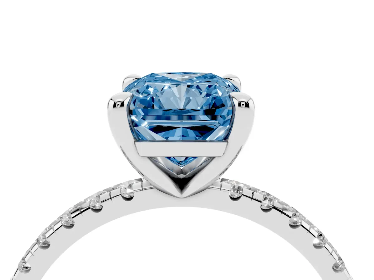 Fancy Blue Radiant Cut Diamond Brilliant Solitaire Ring with Pavé Band and Four-Prong Setting Silver