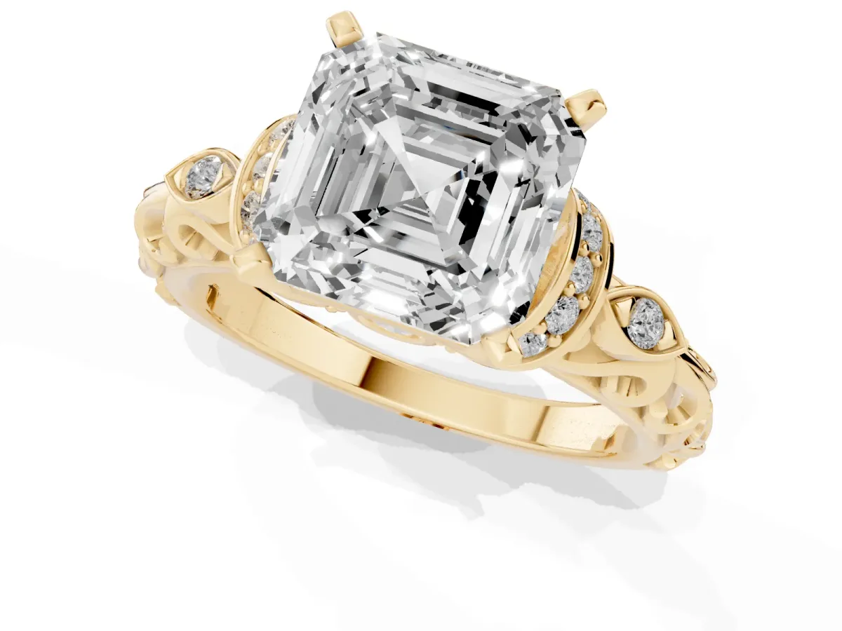 Asscher Cut Diamond Solitaire Ring with Filigree Band and Four-Prong Setting Yellow gold