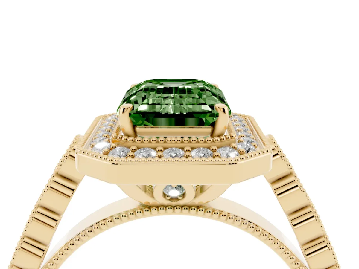 Fancy Green Emerald Cut Halo Milgrain Solitaire with Bezel Set Side Stones and Pave Band Yellow gold