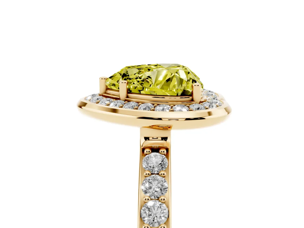 Fancy Yellow Heart Cut Diamond Halo Ring with Bezel Frame and Pavé Band Yellow gold