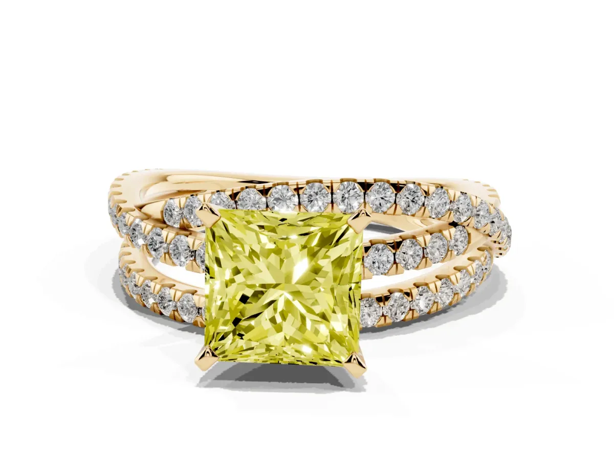Fancy Yellow Princess Cut Solitaire Twist Band with Pavé Setting and Four-Prong Setting Yellow gold