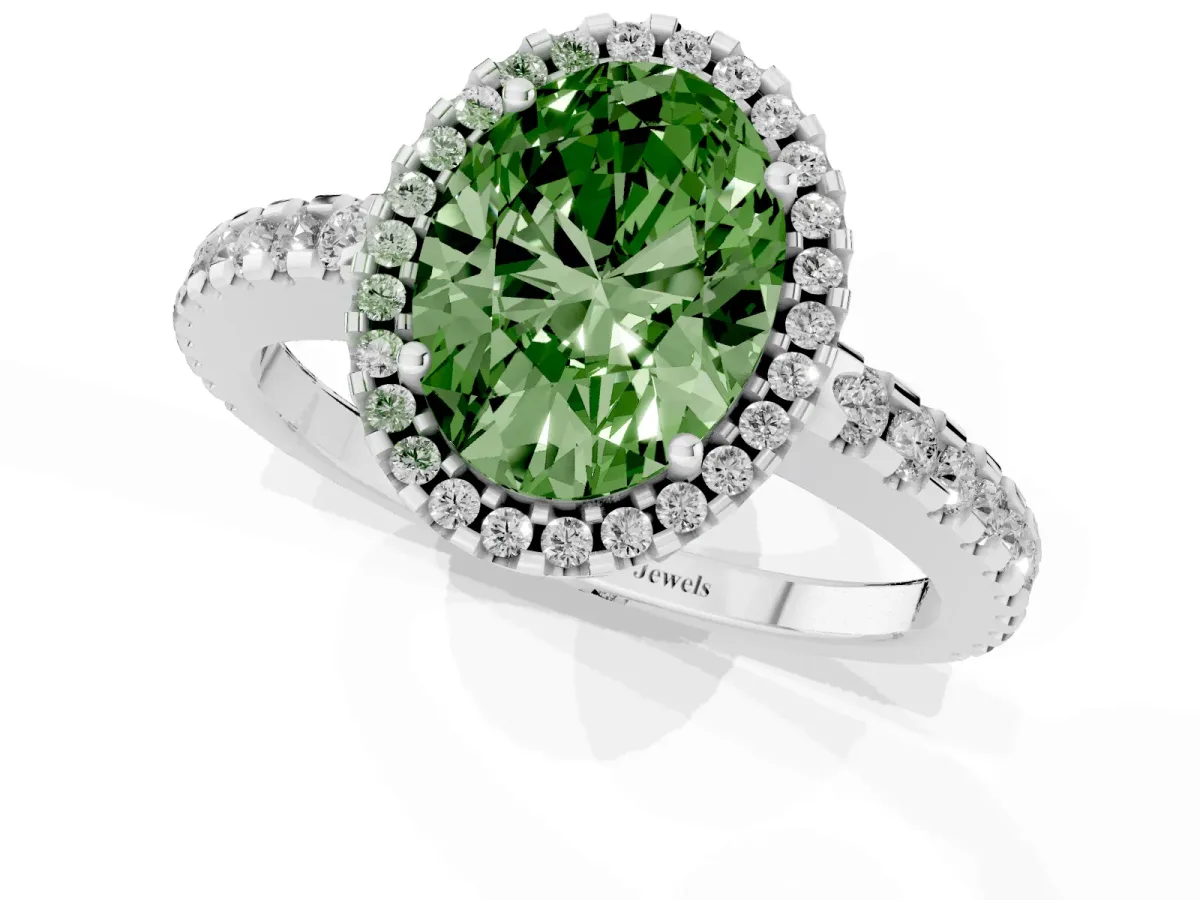 Fancy Green Oval Cut Diamond Halo Engagement Ring with Pavé Band and Prong Setting Platinum