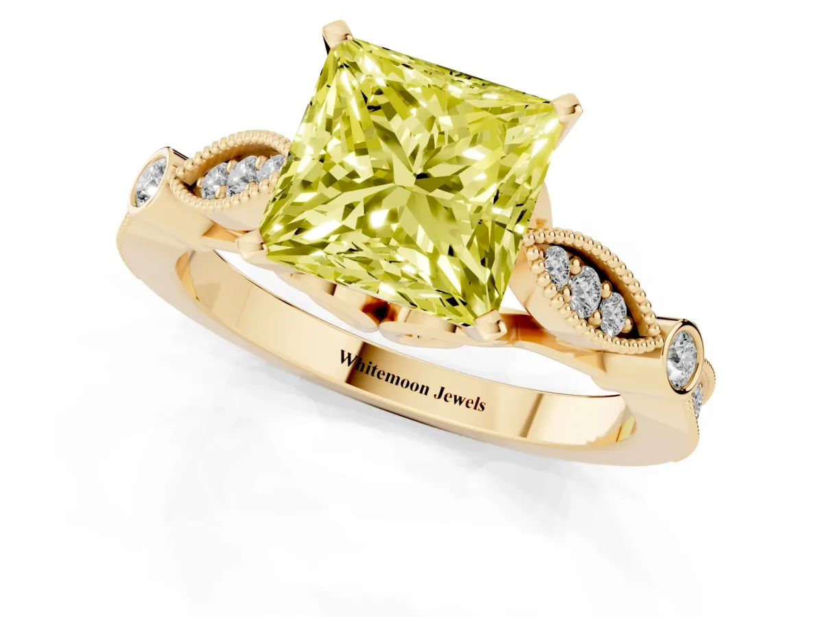 Fancy Yellow Princess Cut Cut Diamond with Milgrain Marquise and Bezel Accents on a Solitaire Band with Prong Setting Yellow gold