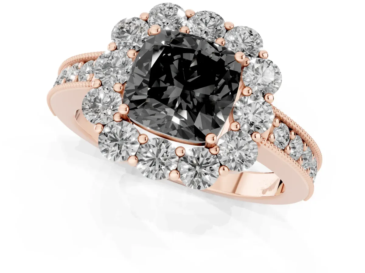 Fancy Black Cushion Cut Cut Halo Diamond Pavé Engagement Ring with Milgrain Detailing Rose gold