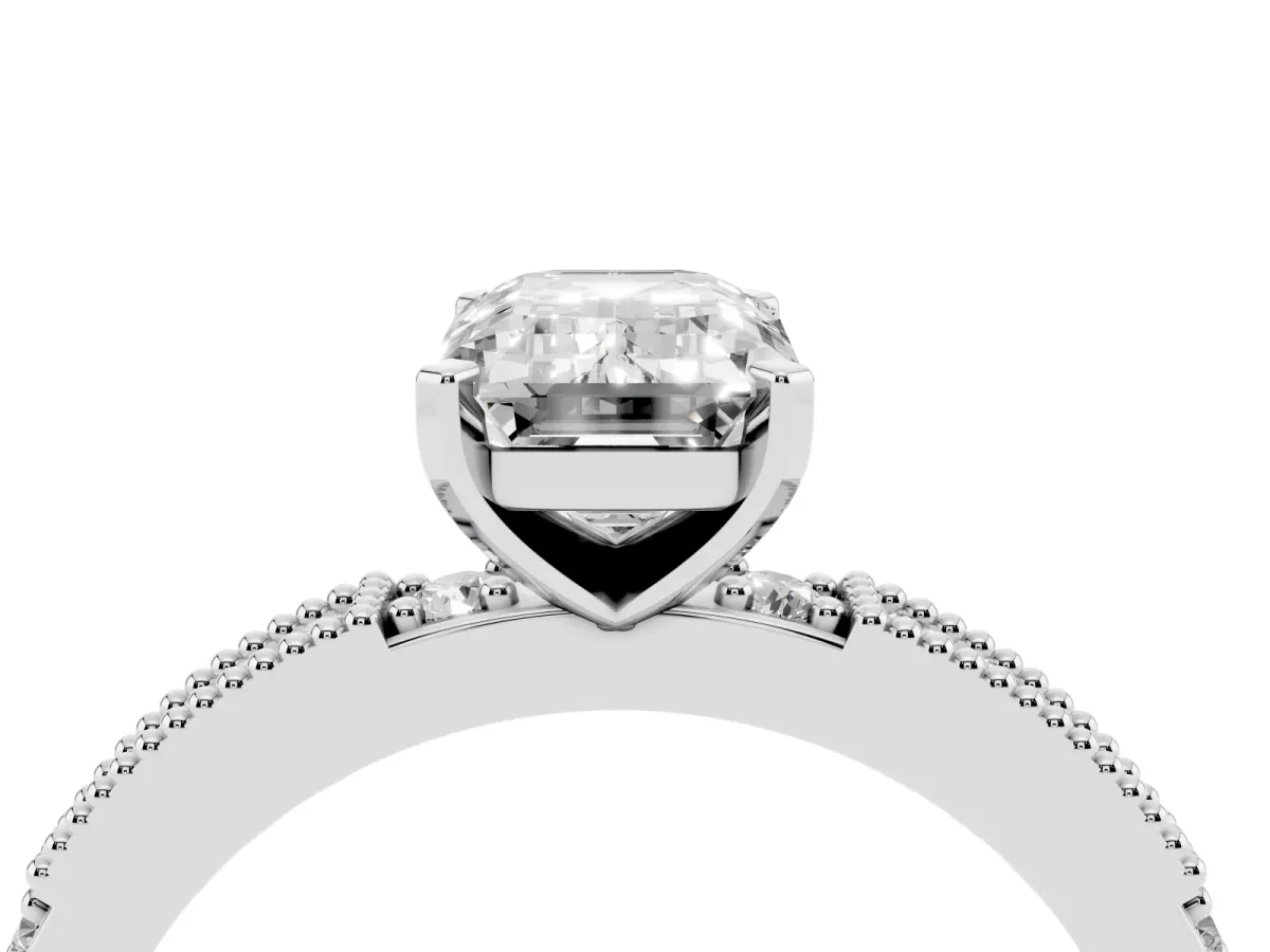 Emerald Cut Solitaire with Pavé Band and Four-Prong Setting Silver