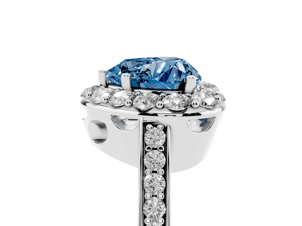 Fancy Blue Heart Cut Diamond Floral Halo Ring with Pavé Band and Prong Setting White gold
