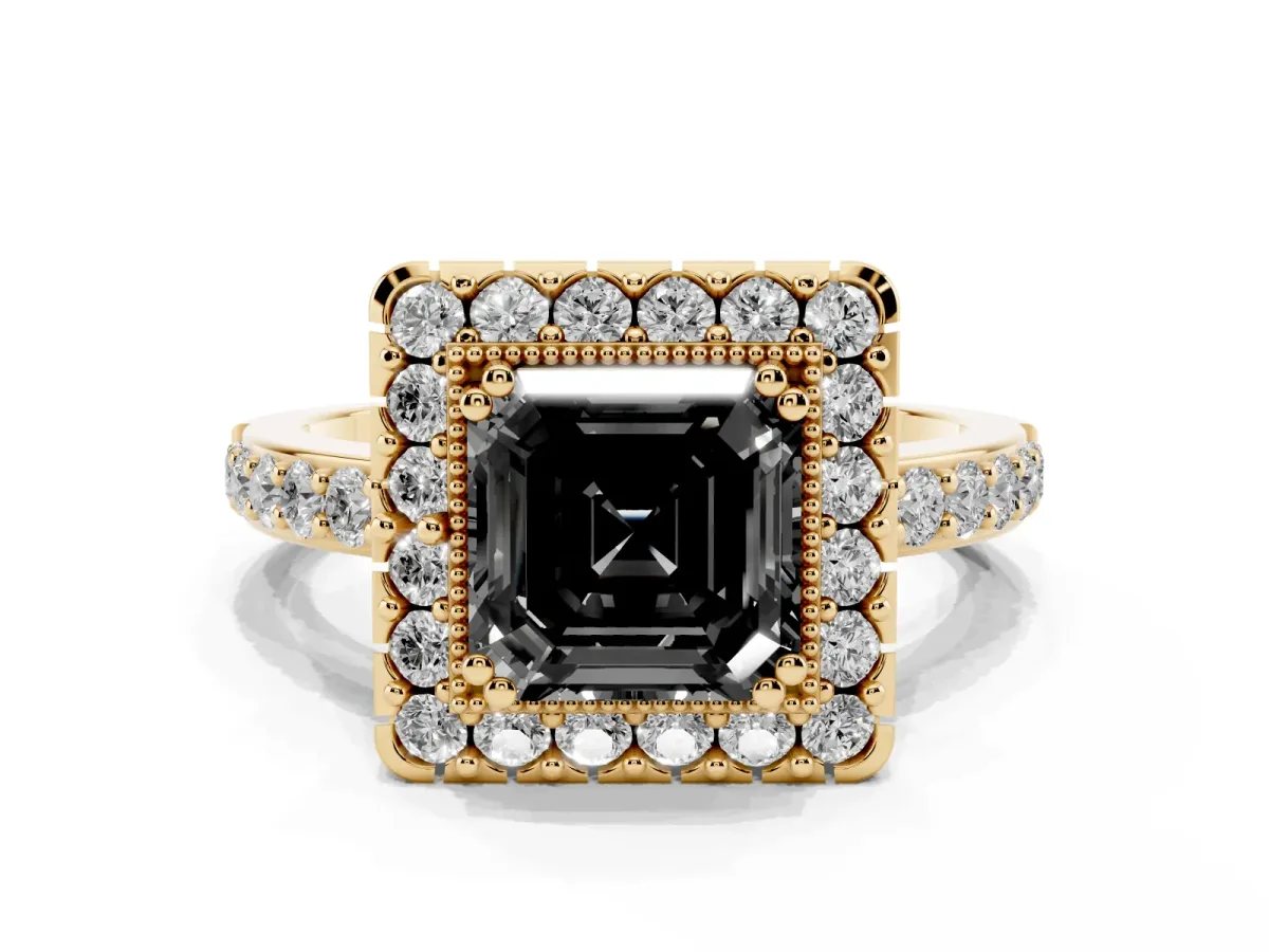 Fancy Black Asscher Cut Diamond Halo Ring with Pavé Band and Prong Setting Yellow gold