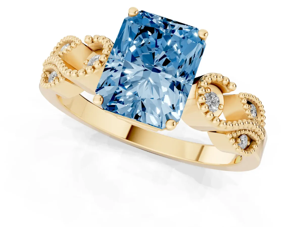 Fancy Blue Radiant Cut Solitaire Milgrain Leaf Band with Prong Setting Yellow gold