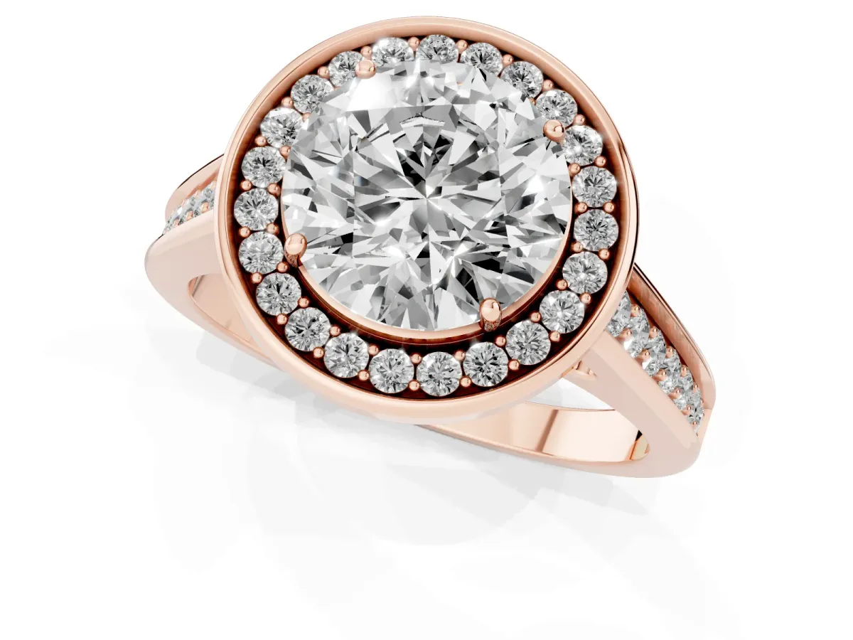 Round Cut Halo Solitaire Diamond Ring with Pave Band and Bezel Setting Rose gold