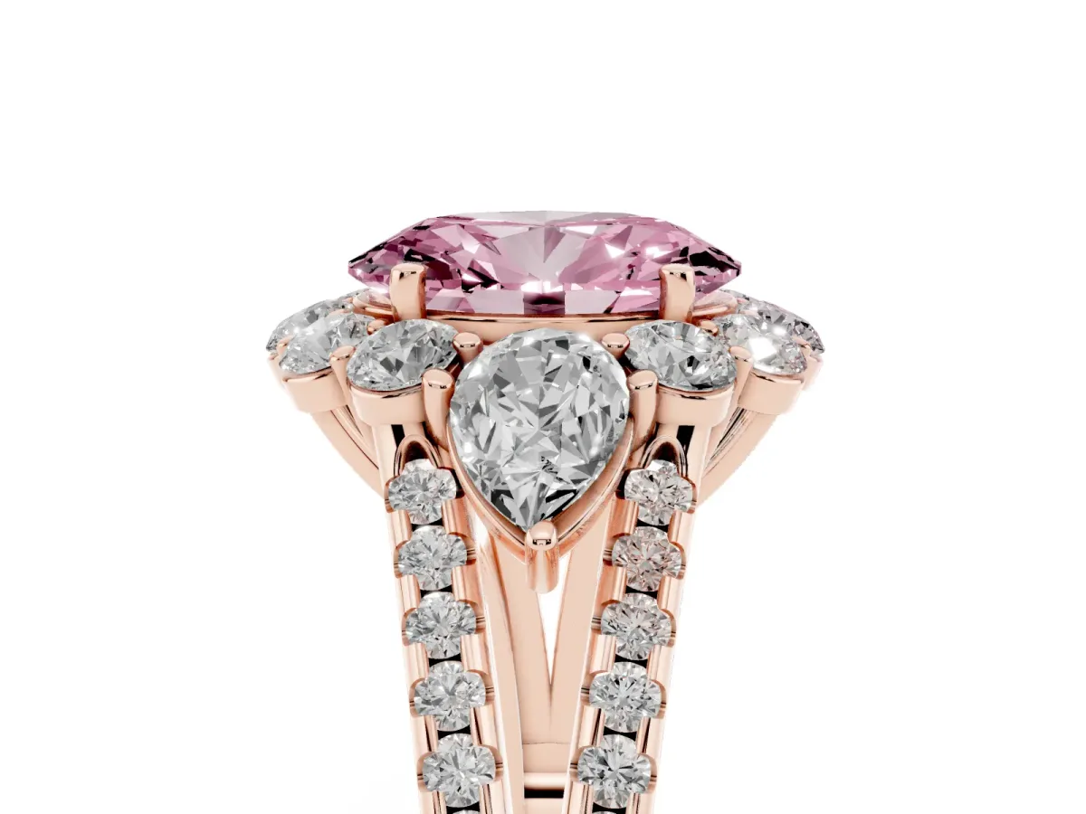 Fancy Pink Oval Cut Halo Split Shank Diamond Engagement Ring with Prong Setting Rose gold