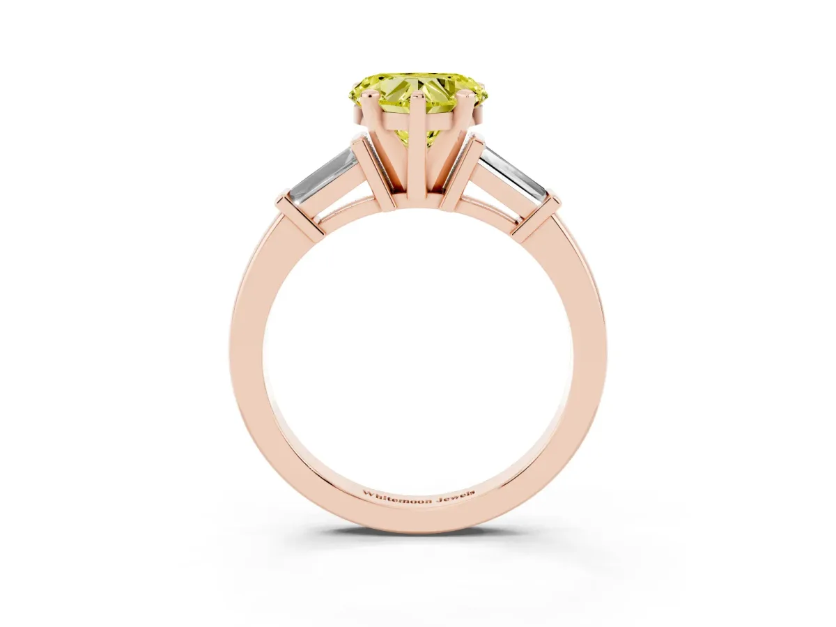 Fancy Yellow Heart Cut Cut Diamond Solitaire Ring with Tapered Baguette Accents and Four-Prong Setting Rose gold