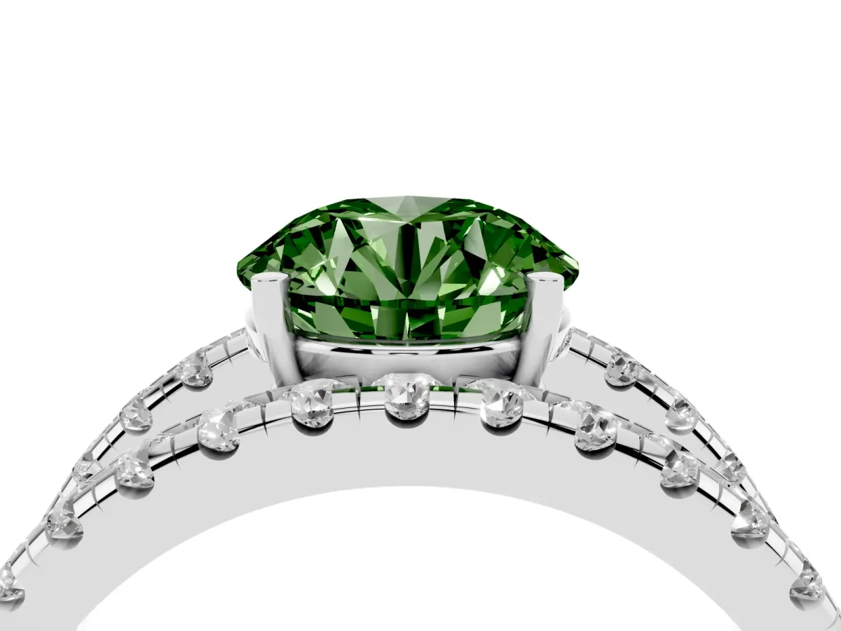 Fancy Green Round Cut Solitaire Split Shank Pave Diamond Ring Silver