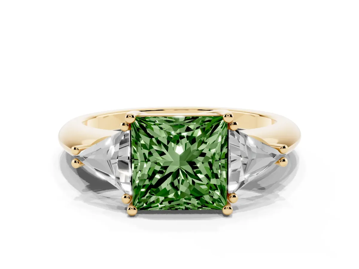 Fancy Green Three-Stone Princess Cut Diamond Engagement Ring with Trillion Side Stones and Prong Setting Yellow gold