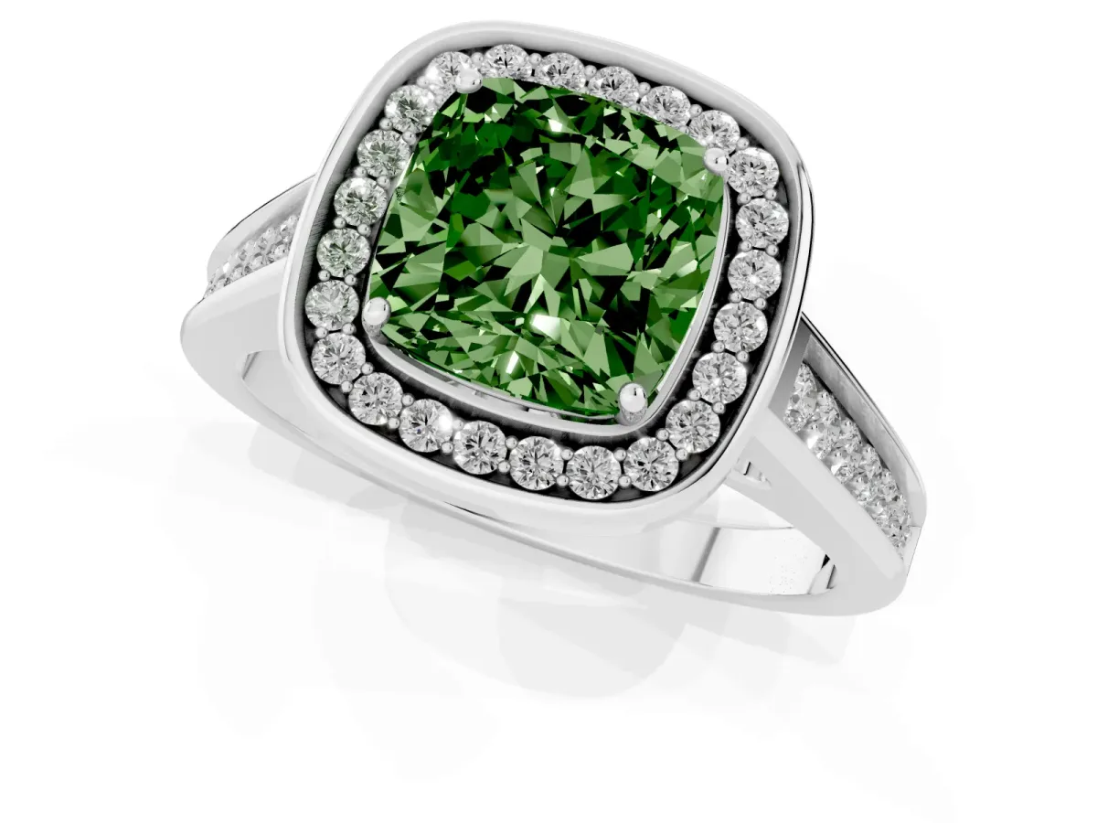 Fancy Green Cushion Cut Halo Solitaire Diamond Ring with Pave Band and Bezel Setting Platinum