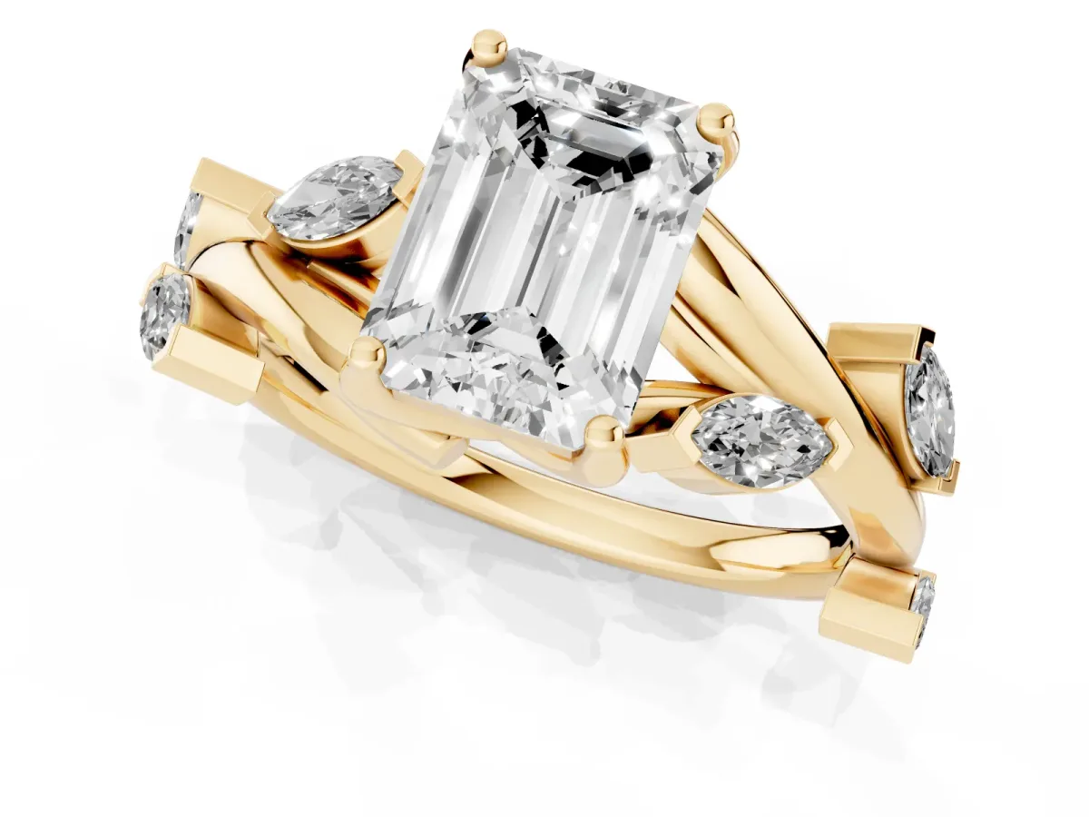 Emerald Cut Solitaire Twisted Band Marquise Accent Prong Setting Ring Yellow gold