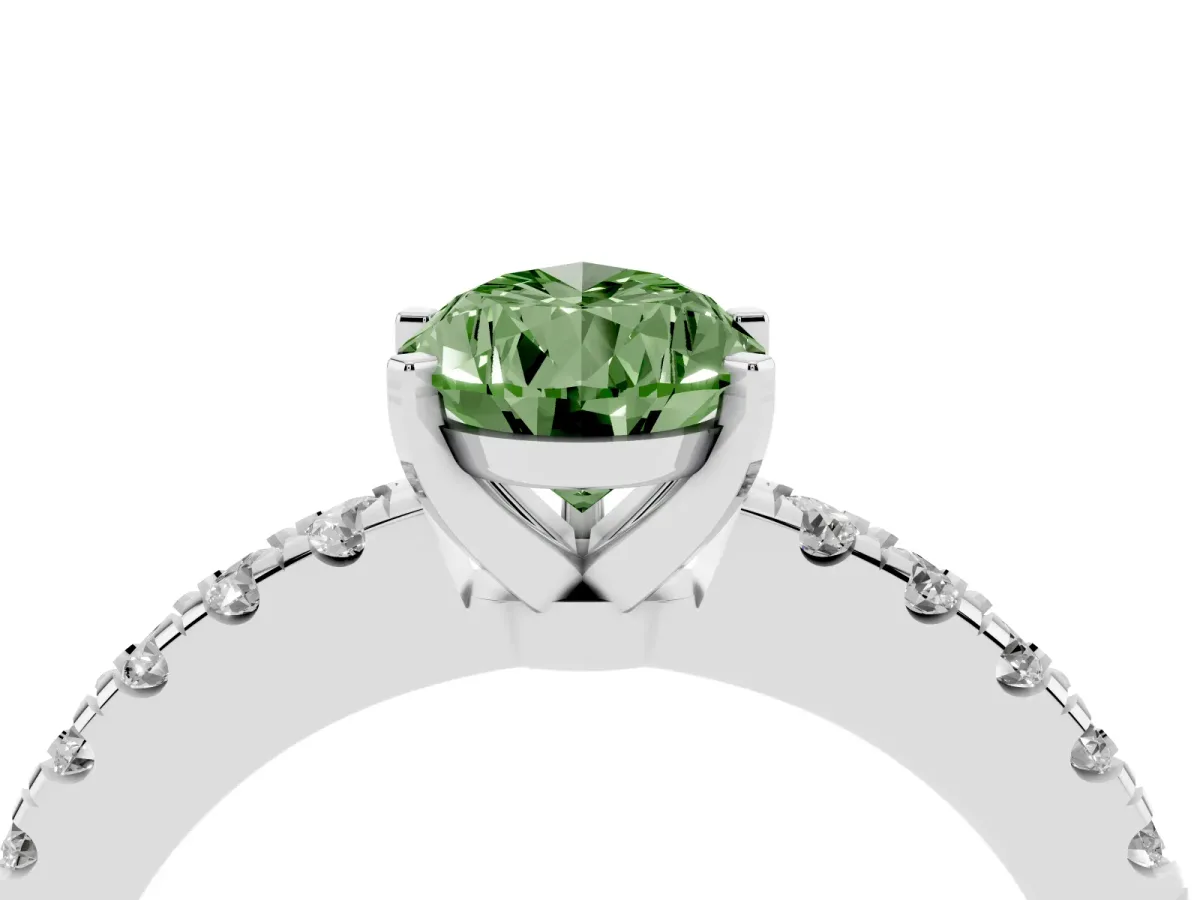 Fancy Green Pear Cut Solitaire Diamond with Pavé Band and Four-Prong Setting White gold