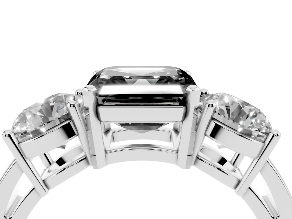 Fancy Black Three-Stone Asscher Cut Diamond Ring with Round Side Stones, Classic Band, and Four-Prong Setting Platinum