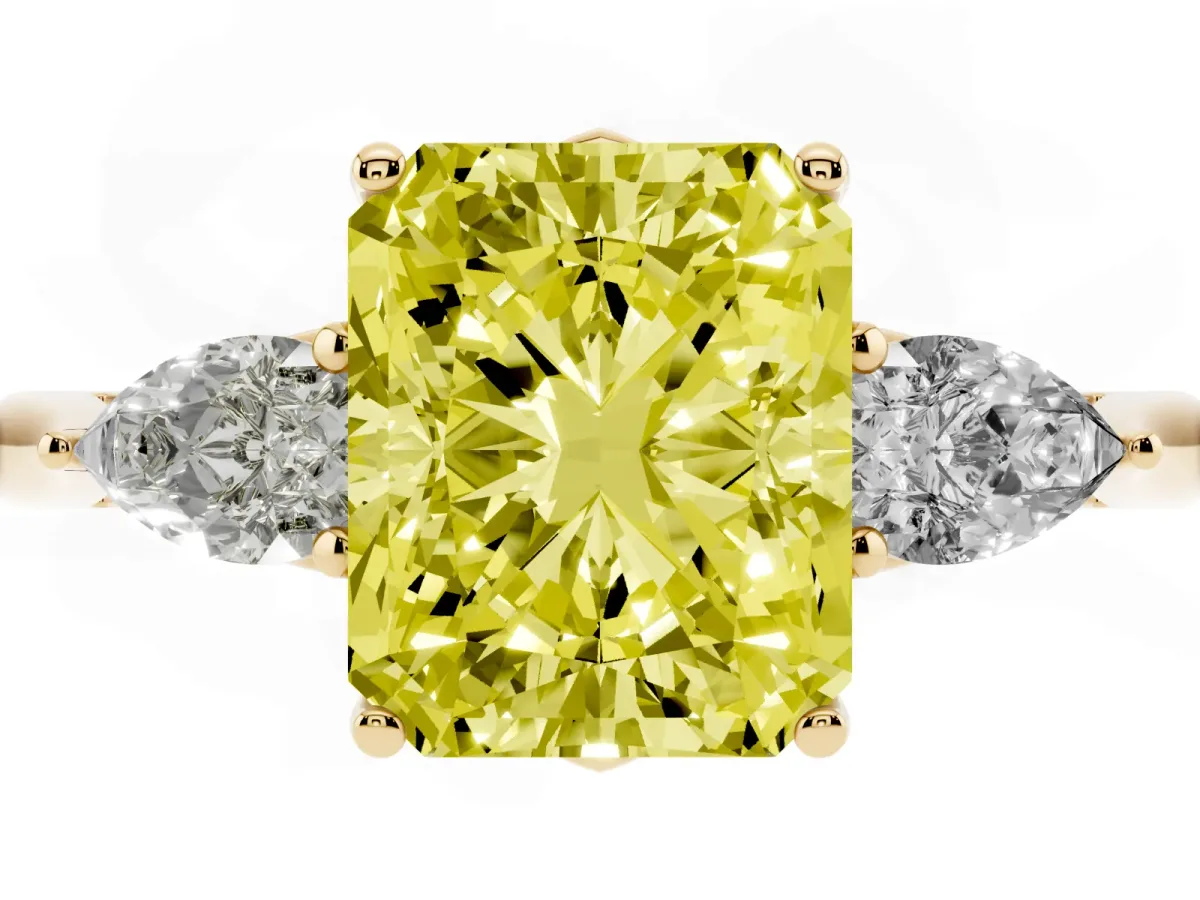 Fancy Yellow Radiant Cut Diamond Three-Stone Ring with Pear Side Stones and Prong Setting Yellow gold