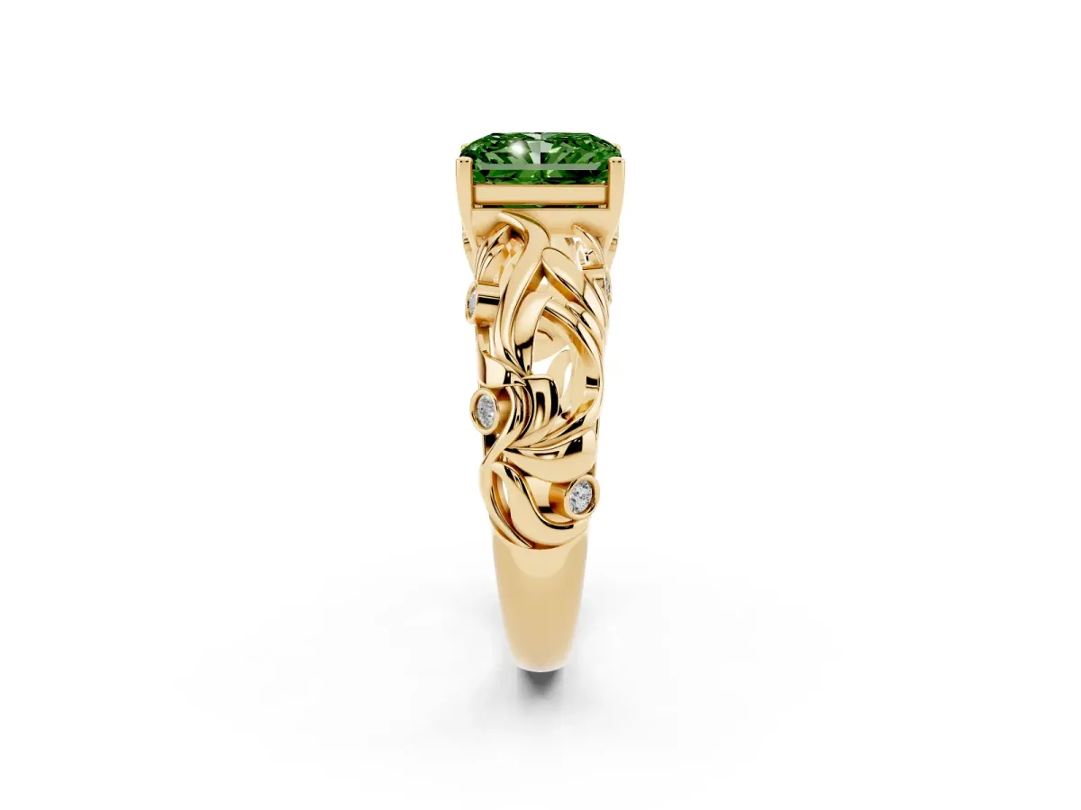 Fancy Green Radiant Cut Solitaire Diamond Leaf-Inspired Vine Band Ring with Prong Setting Yellow gold