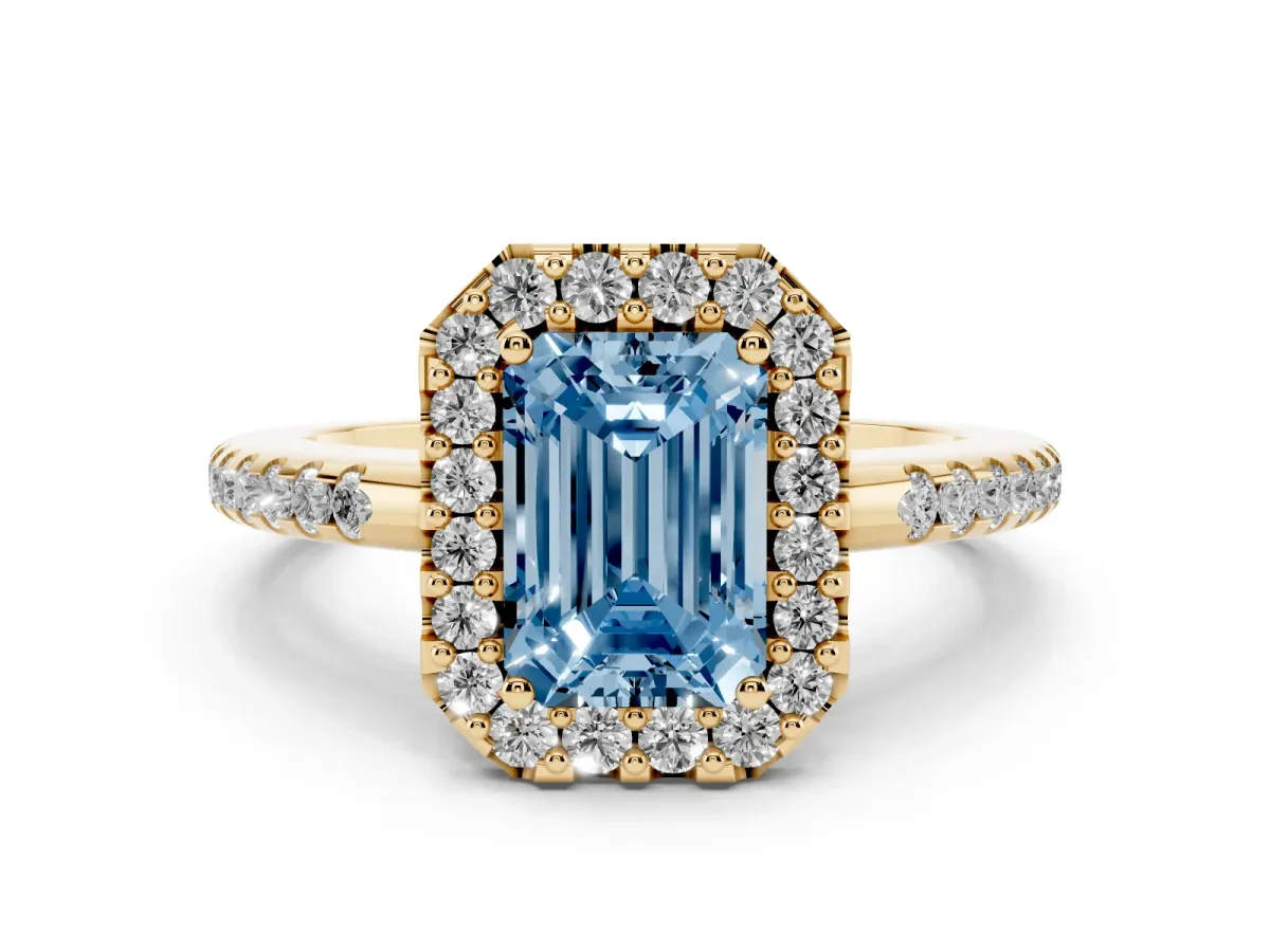 Fancy Blue Emerald Cut Diamond Pavé Halo Ring with Four-Prong Setting Yellow gold