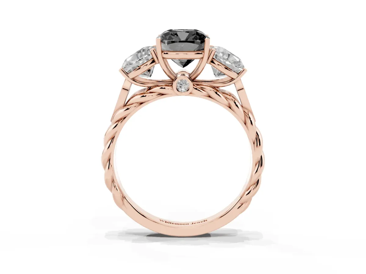 Fancy Black Three-Stone Cushion Cut Diamond Braided Band Ring with Four-Prong Setting Rose gold