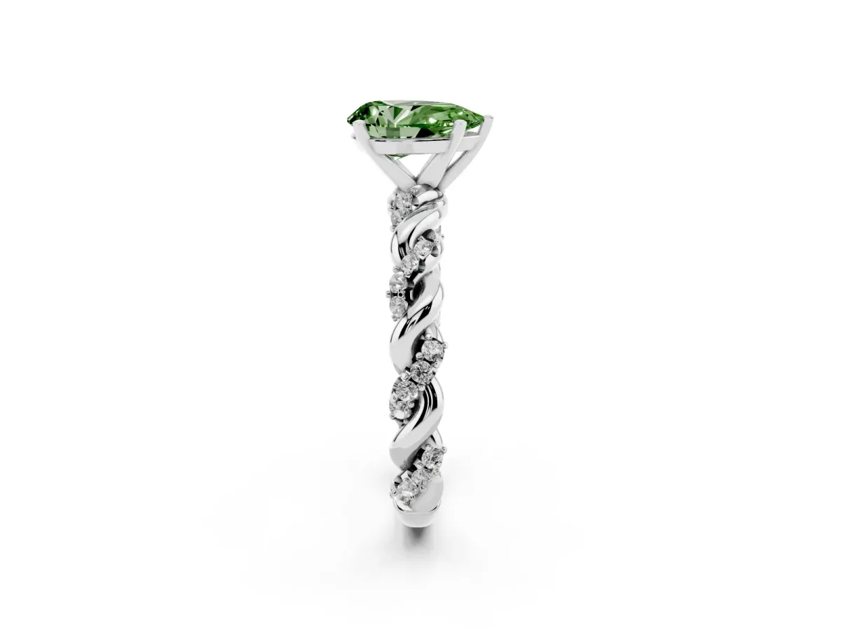 Fancy Green Pear Cut Diamond Solitaire Ring with Twisted Band and Pavé Accents Silver