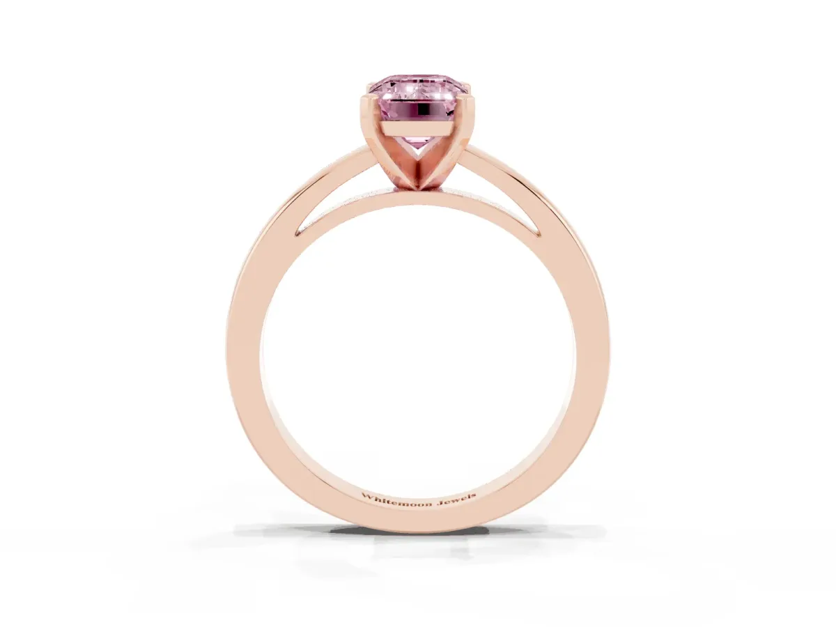 Fancy Pink Emerald Cut Solitaire Diamond Engagement Ring with Four-Prong Setting on a Classic Band Rose gold