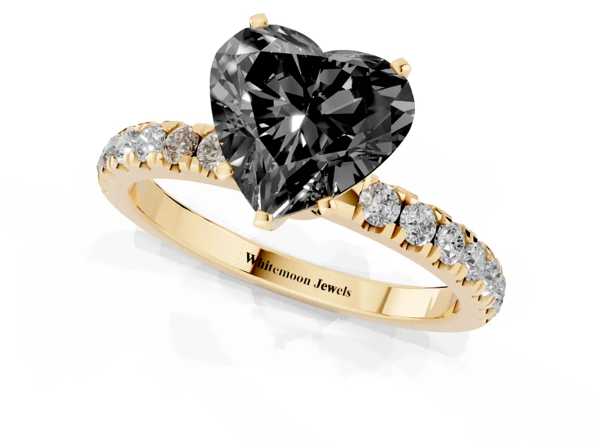 Fancy Black Heart Cut Diamond Solitaire Ring with Pavé Accents and Four-Prong Setting Yellow gold