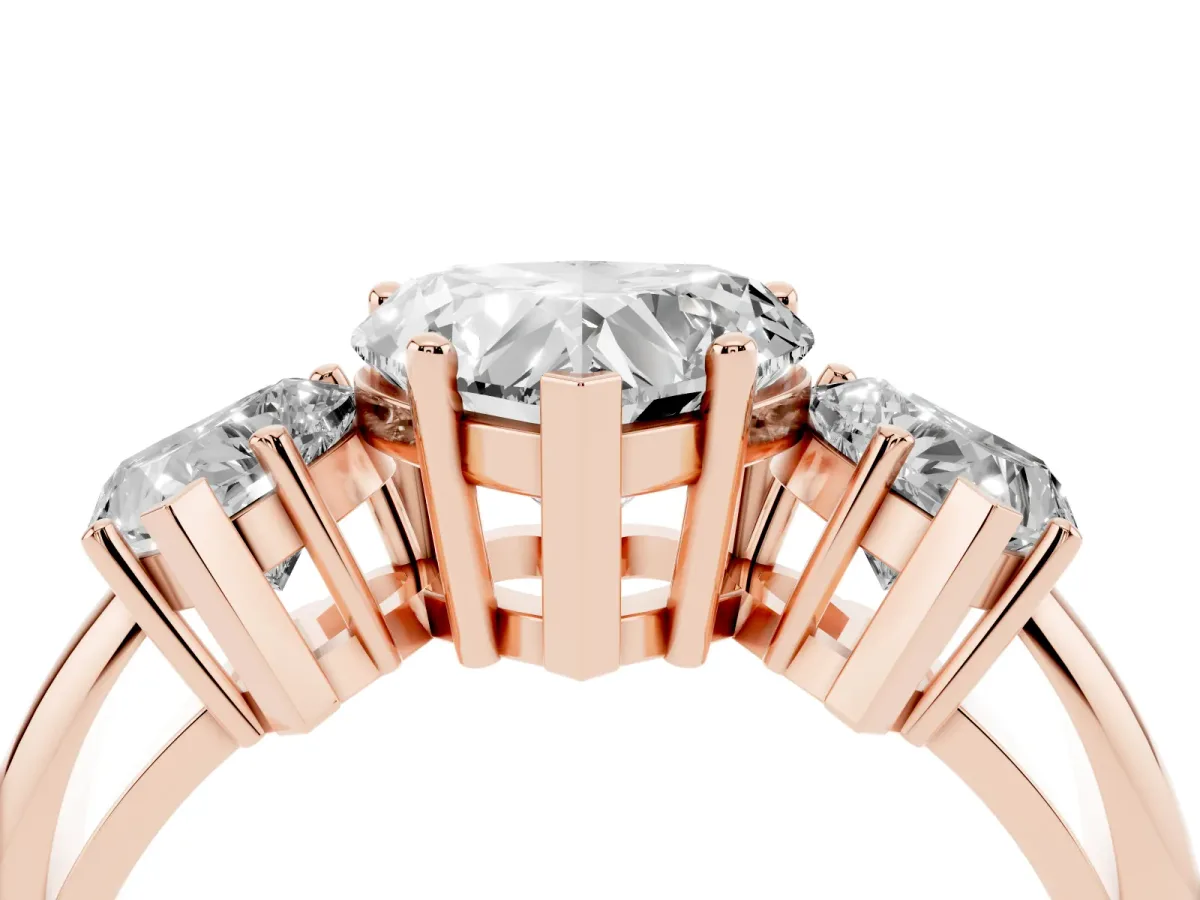 Three-Stone Heart Cut Cut Diamond Engagement Ring with Prong Setting on a White Gold Band Rose gold