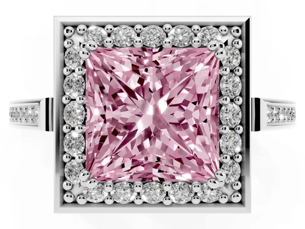 Fancy Pink Princess Cut Diamond Halo Ring with Split Shank and Four-Prong Setting Silver