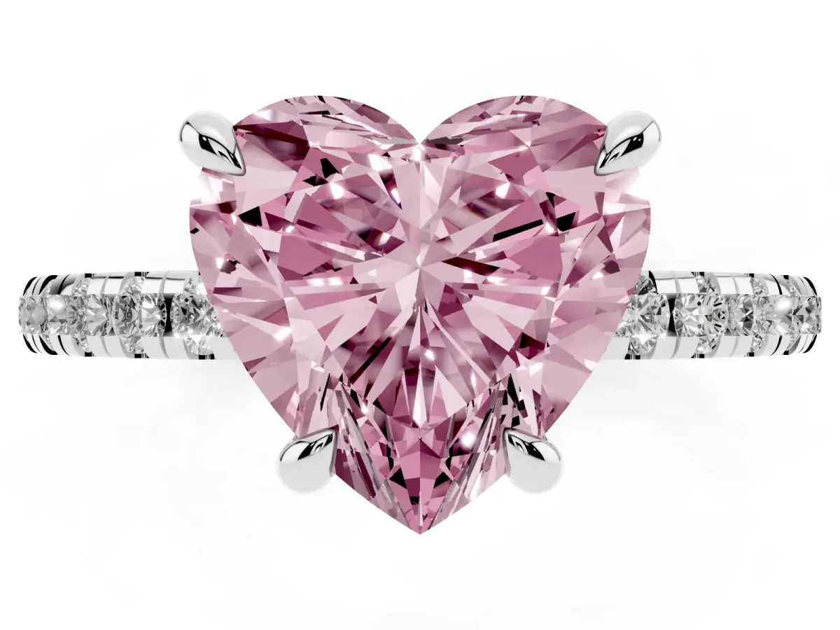 Fancy Pink Heart Cut Diamond Brilliant Solitaire Ring with Pavé Band and Four-Prong Setting Platinum