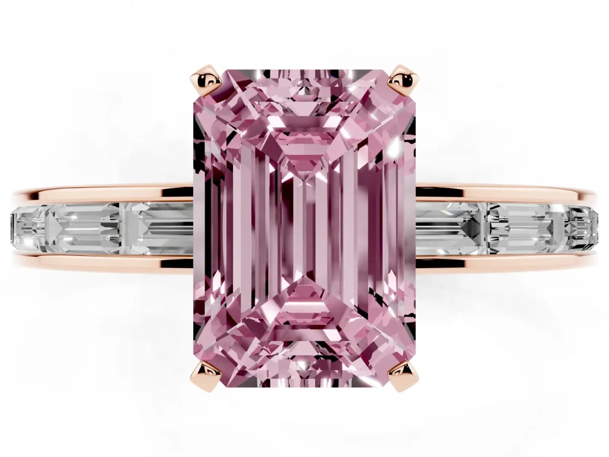 Fancy Pink Emerald Cut Solitaire Diamond Ring with Channel-Set Baguette Band and Four-Prong Setting Rose gold