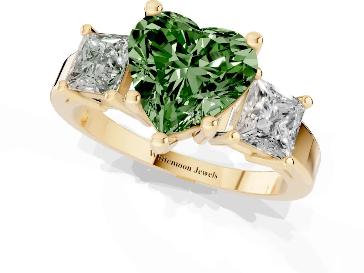 Fancy Green Three-Stone Heart Cut Cut Solitaire Ring with Prong Setting Yellow gold