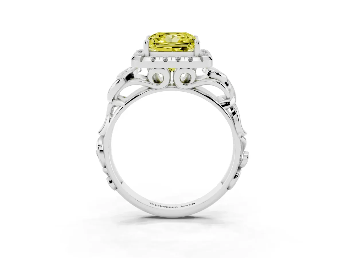 Fancy Yellow Princess Cut Cut Halo Diamond Ring with Scrollwork Band and Four-Prong Setting Platinum